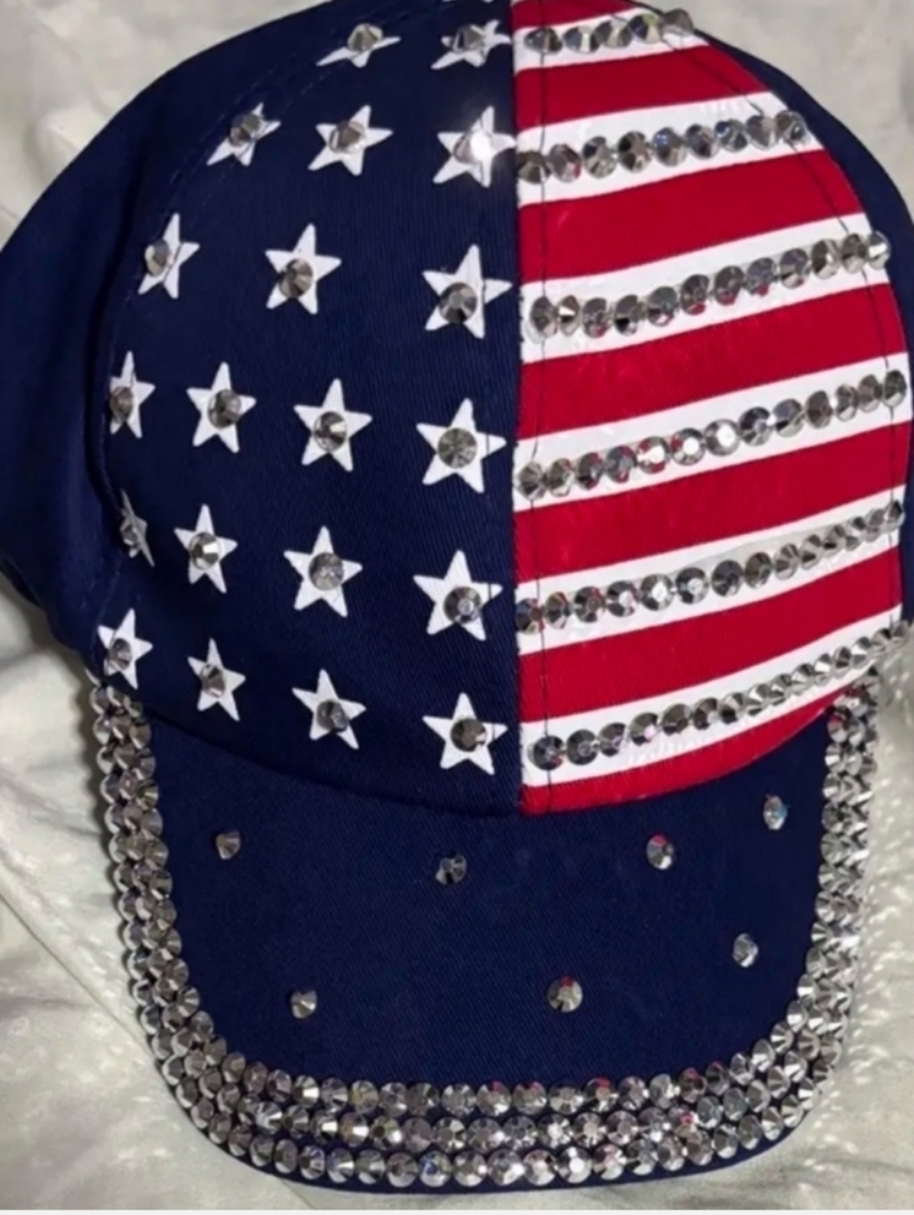 Embellished American Flag Rhinestone Baseball Cap - Navy & Red